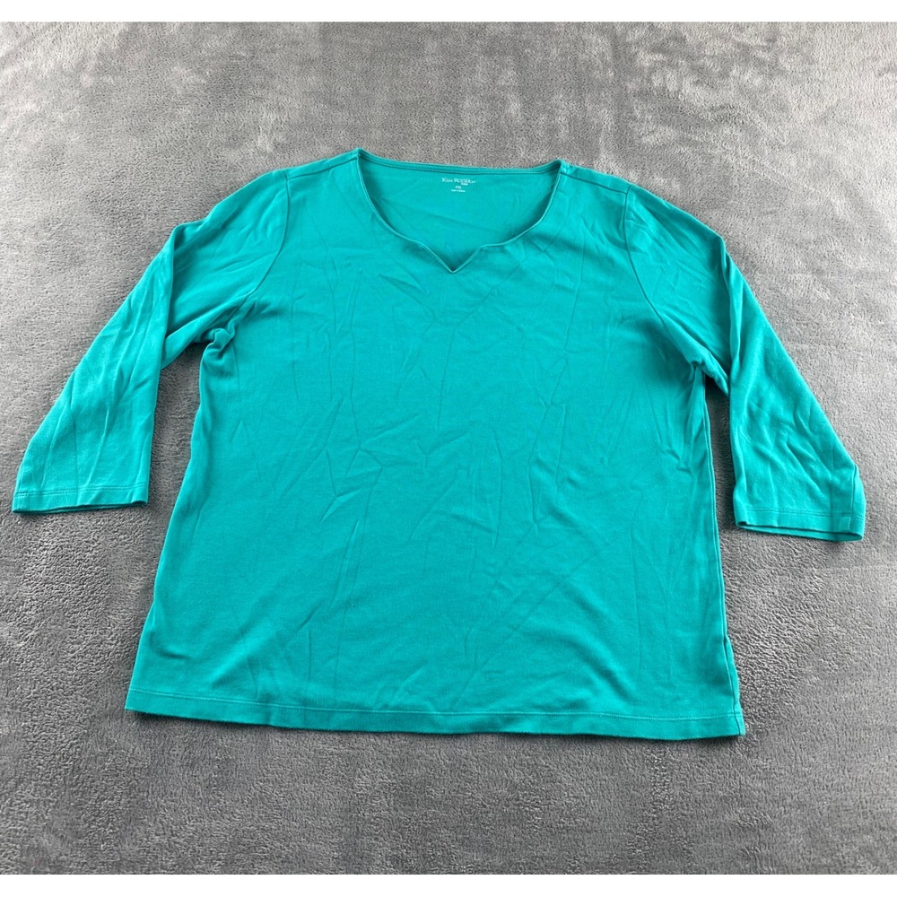 Kim Rogers Petite Teal Green 100% Cotton 3/4 Sleeve Notched V-Neck Top PXL